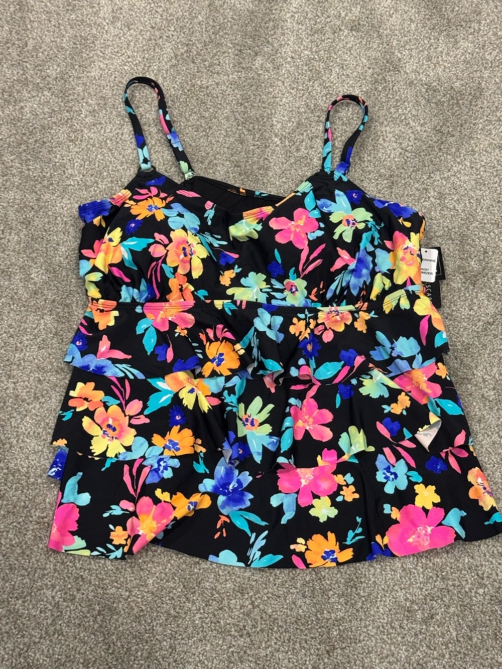 NEW Island Escape Black Floral Ruffle Swim Camisole - Multicolor Blooms